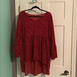 high low red and white dot tunic blouse
